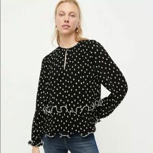 J. Crew Ruffle Trim Pleated Peplum top in Black Polka Dot size XL